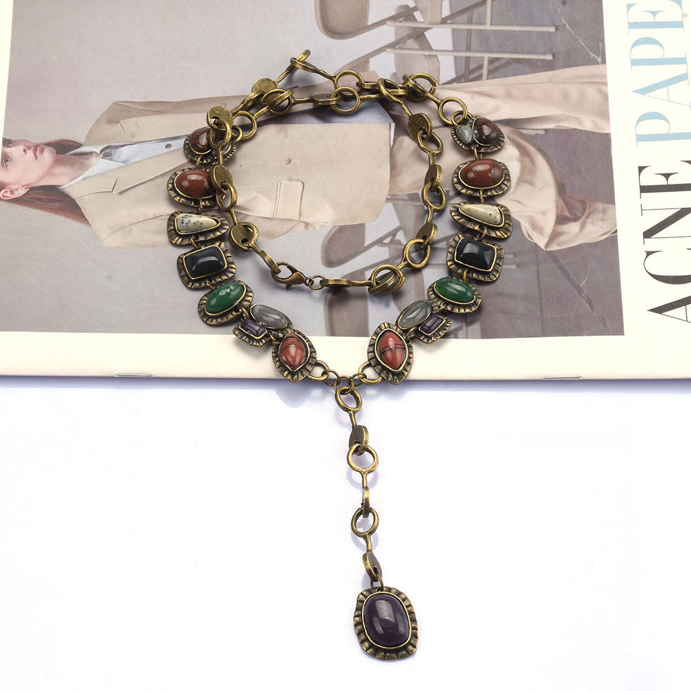 Vintage Metal Gemstone Necklace Long Necklace