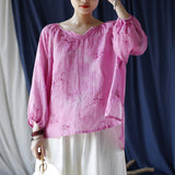 Ramie Printed V-Neck Lantern Sleeve Top