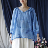 Ramie Printed V-Neck Lantern Sleeve Top