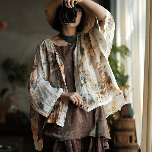 Women Summer Vintage Print O-Neck Thin Ramie Shirt