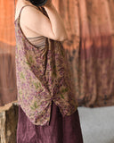 Printed Ramie Outerwear With Suspenders Loose Literary Retro Vest