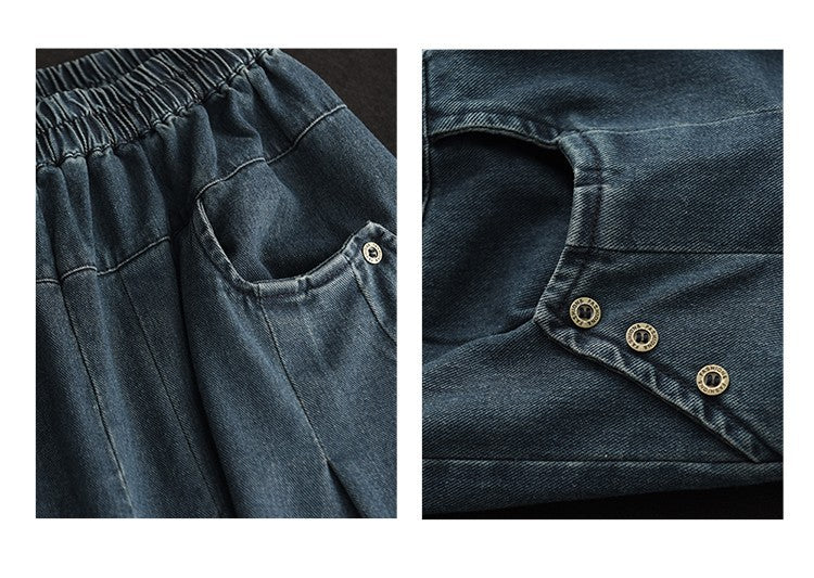 Vintage Baggy Slim Button-Knead Wash Denim Wide-Leg Pants