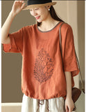 Artistic Round Neck Linen Loose Embroidered Top