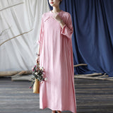 Artsy Vintage Stand Collar Tray Buckle Long Solid Color Dress