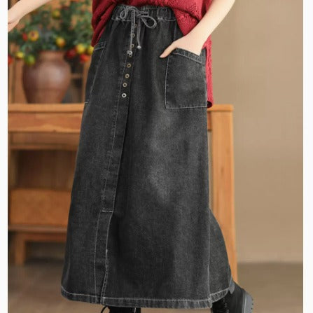 Retro Denim Mid-Length Lace-Up Elastic Waist Artistic Temperament Skirt 