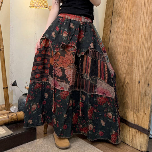 Women Summer Retro Flower Spliced Cotton Skirt