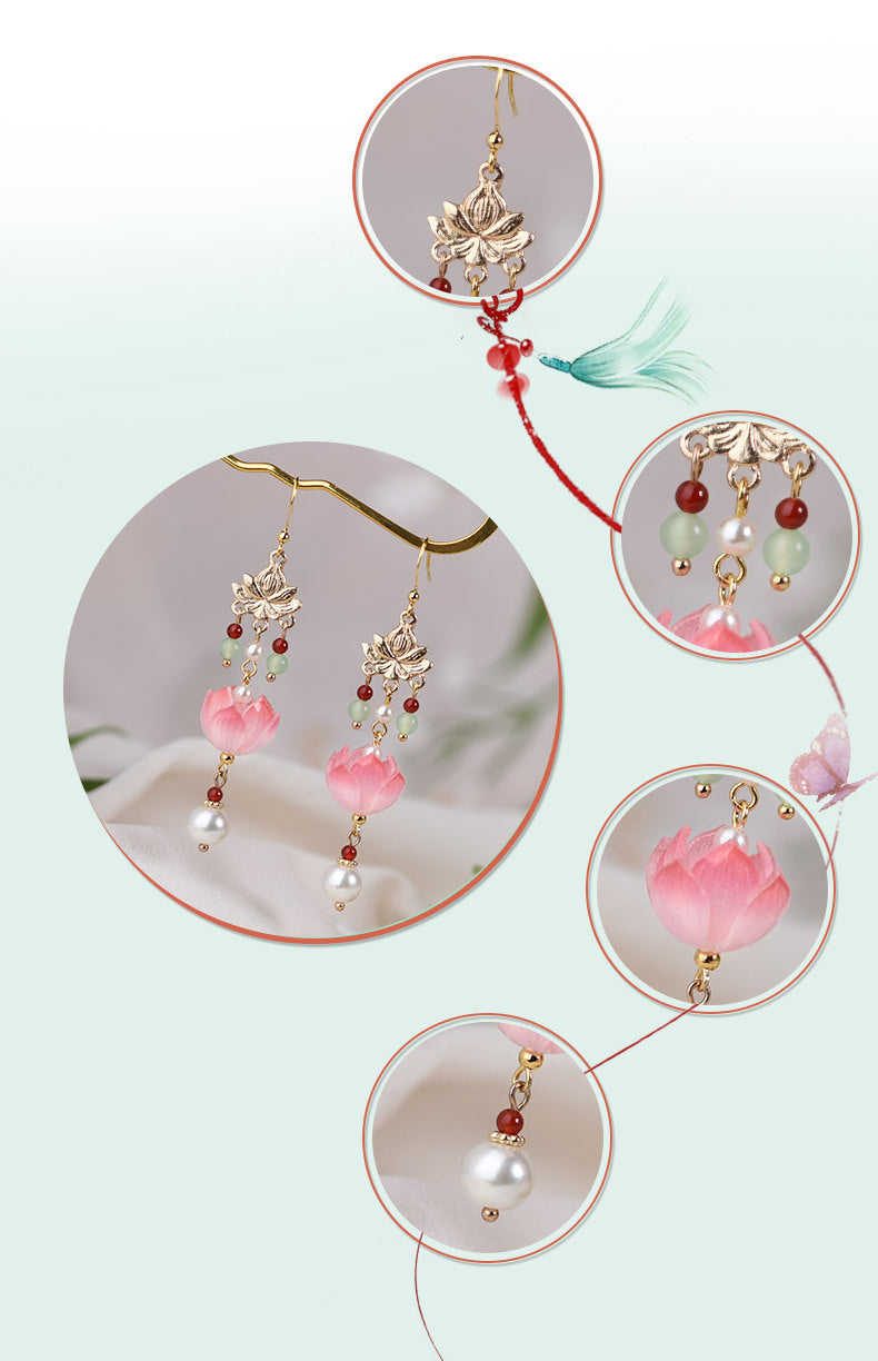 Chinese Style Classical Nasturtium Long Tassel Earrings