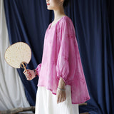 Ramie Printed V-Neck Lantern Sleeve Top