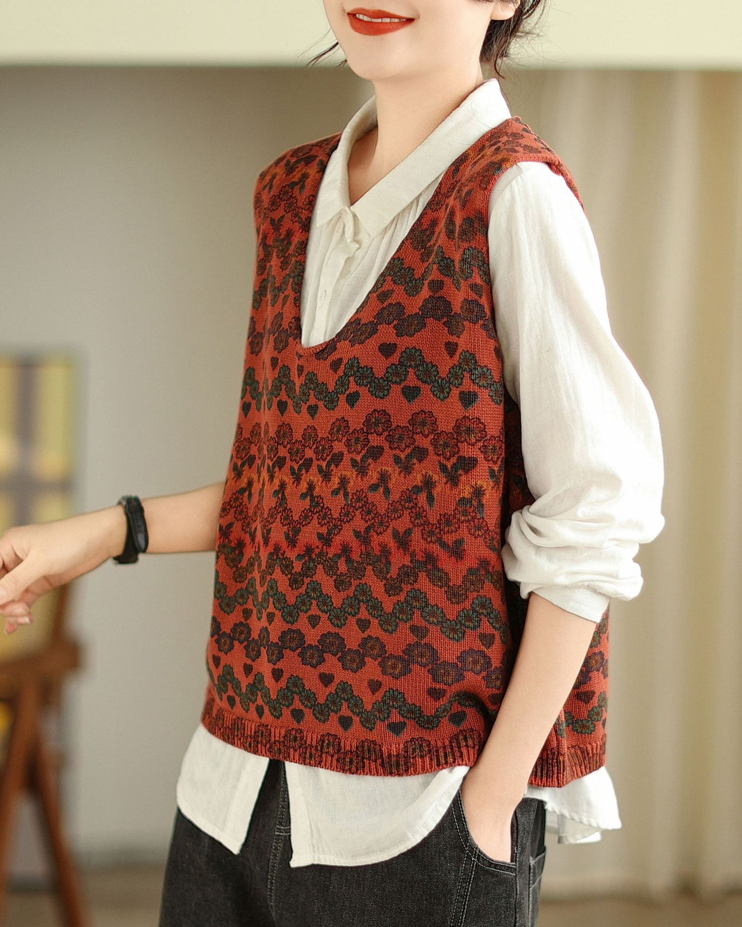 Literary Printed Knitted Retro Loose Patchwork Vest