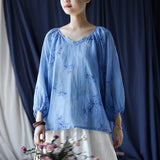 Ramie Printed V-Neck Lantern Sleeve Top