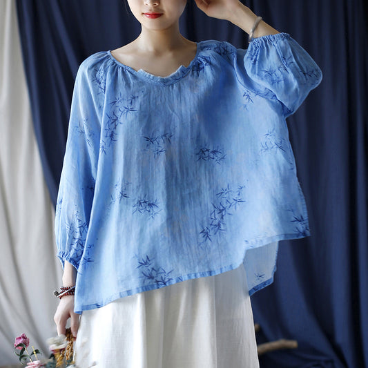 Ramie Printed V-Neck Lantern Sleeve Top