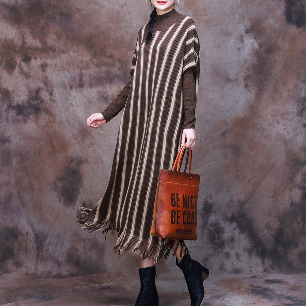 Autumn Wool Knit Striped Fringe Slim Dolman Sleeve Dress
