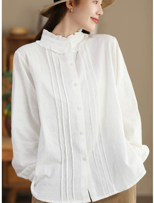 Artistic Accordion Pleated Textured Cotton Lapel Shirt