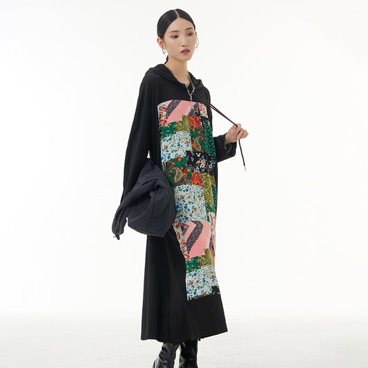 Knitted Patchwork Colorful Printed Hooded Plus Size Dress