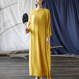 Artsy Vintage Stand Collar Tray Buckle Long Solid Color Dress