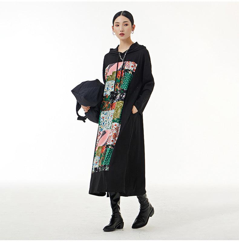 Knitted Patchwork Colorful Printed Hooded Plus Size Dress