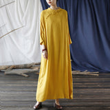 Artsy Vintage Stand Collar Tray Buckle Long Solid Color Dress