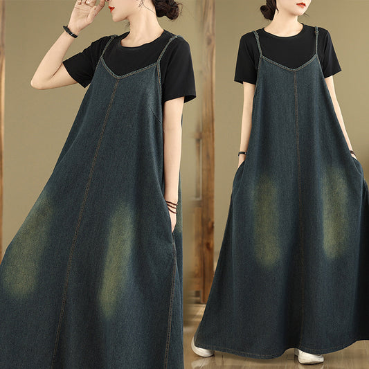 Retro Art And Relaxed Denim Suspender Dress