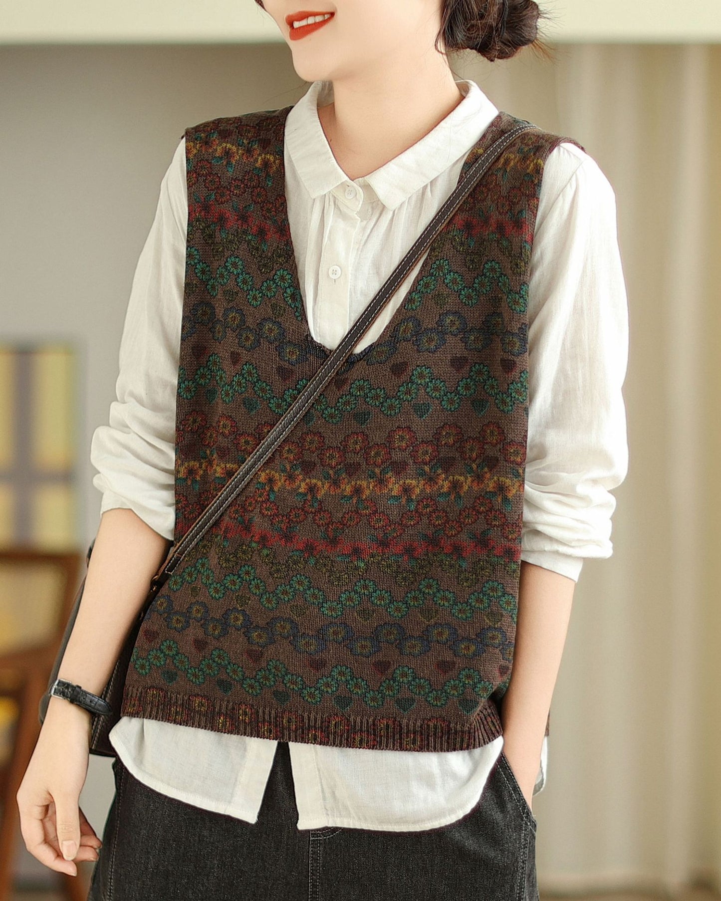 Literary Printed Knitted Retro Loose Patchwork Vest