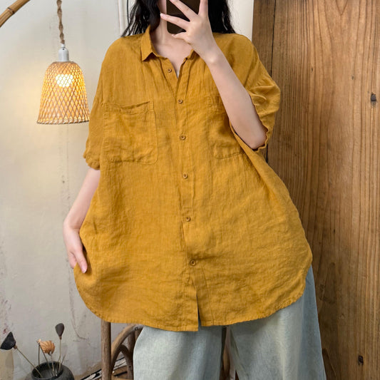Women Summer Pure Color Turn-down Collar Linen Shirt