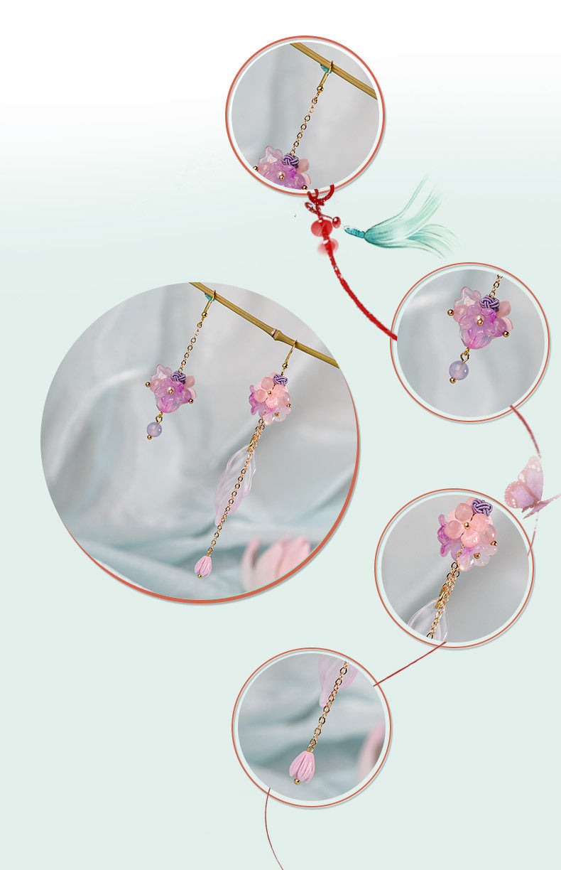 Niche Retro High-End Glass Flower Long Tassel Asymmetric Earrings 