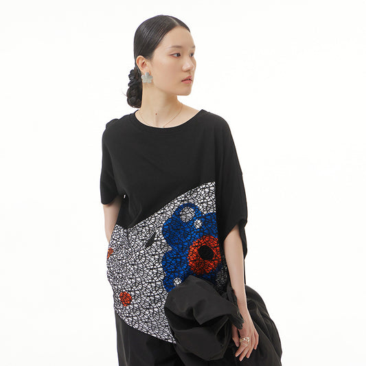 Large Size Colorful Printed Patchwork Mesh Loose Slim T-Shirt