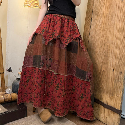 Women Summer Retro Flower Spliced Cotton Skirt