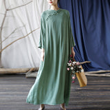 Artsy Vintage Stand Collar Tray Buckle Long Solid Color Dress