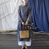 Artsy Vintage Loose Stand Collar Hand-Made Button Dress