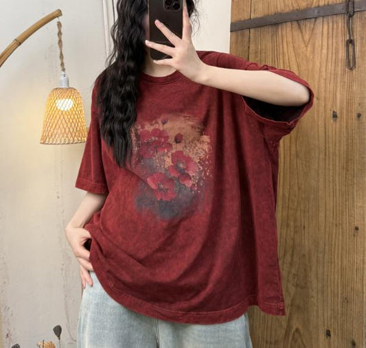 Women Summer Worn Flower O-Neck 100%Cotton Shirt