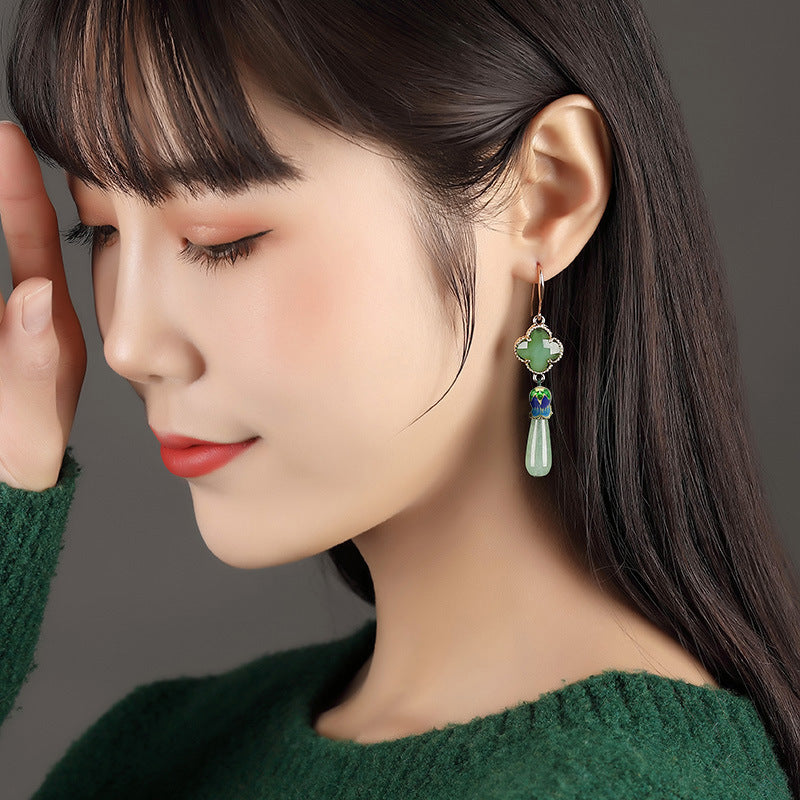 Retro Ethnic Green Clover Stud Earrings