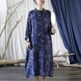 Vintage Loose Stand Collar To Make Old Ramie Printed Dress