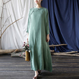 Artsy Vintage Stand Collar Tray Buckle Long Solid Color Dress