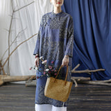 Artsy Vintage Loose Stand Collar Hand-Made Button Dress