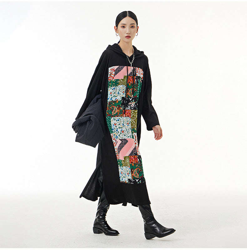 Knitted Patchwork Colorful Printed Hooded Plus Size Dress