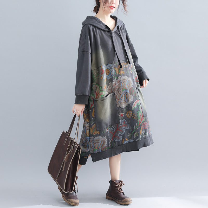 Plus Size Printed Hooded Dress