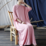 Artsy Vintage Stand Collar Tray Buckle Long Solid Color Dress