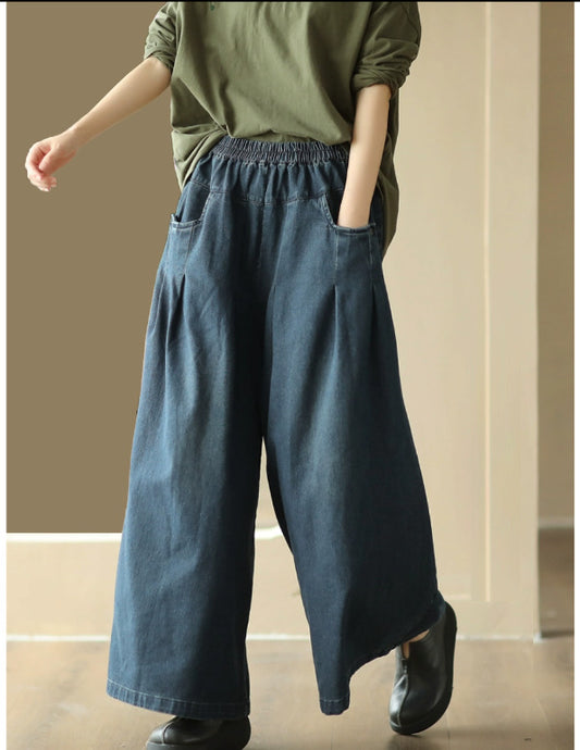 Vintage Baggy Slim Button-Knead Wash Denim Wide-Leg Pants