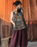 Printed Ramie Outerwear With Suspenders Loose Literary Retro Vest