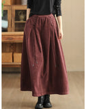 Retro Style Corduroy Elastic Waist Wide Skirt