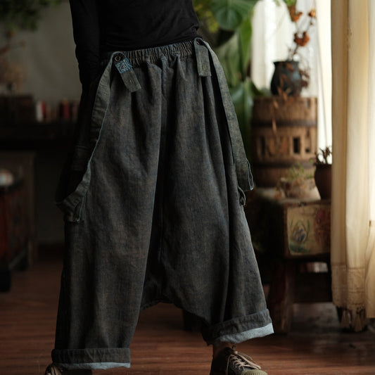 Women Summer Retro Removable Straps Cotton Jumpsuits