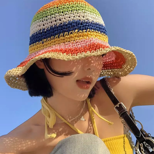 Chapeau de paille arc-en-ciel rayé, chapeau de soleil de protection solaire