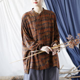 Cotton And Linen Printed Baggy And Slim Vintage Shirt With Stand Collar