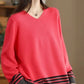 Cotton Knitted Striped V-Neck Long-Sleeved Pullover Sweater