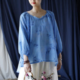 Ramie Printed V-Neck Lantern Sleeve Top