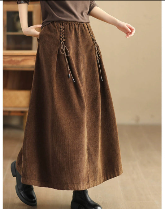 Retro Style Corduroy Elastic Waist Wide Skirt