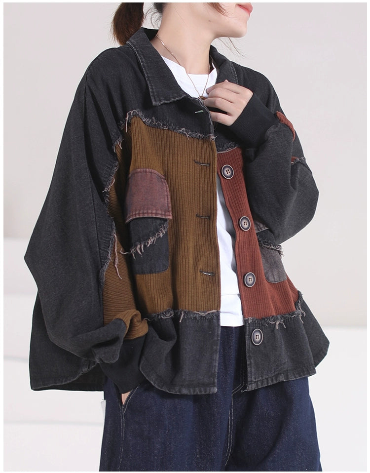 Veste courte en denim vintage tricotée à bords bruts et amples de grande taille