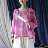 Ramie Printed V-Neck Lantern Sleeve Top
