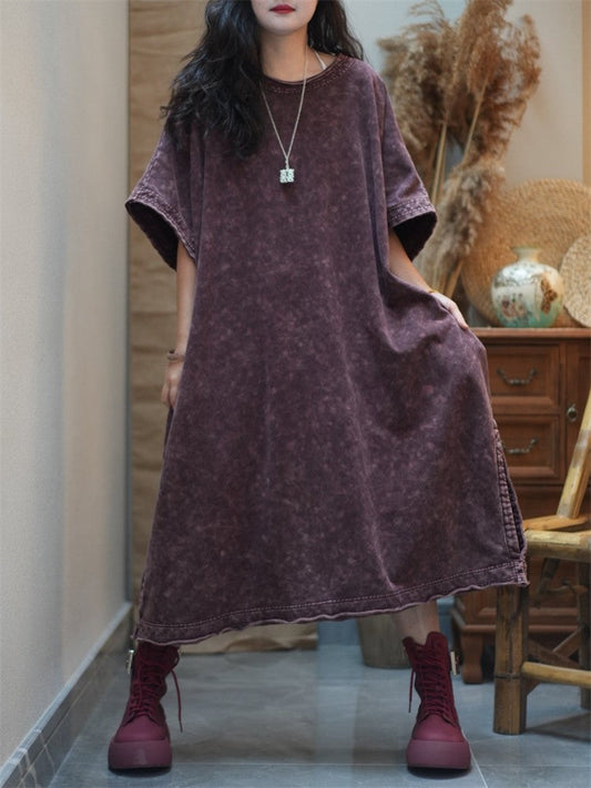 Women Summer Worn Split Hem O-Neck Cotton Dress