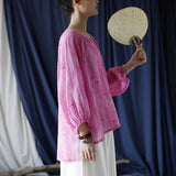Ramie Printed V-Neck Lantern Sleeve Top